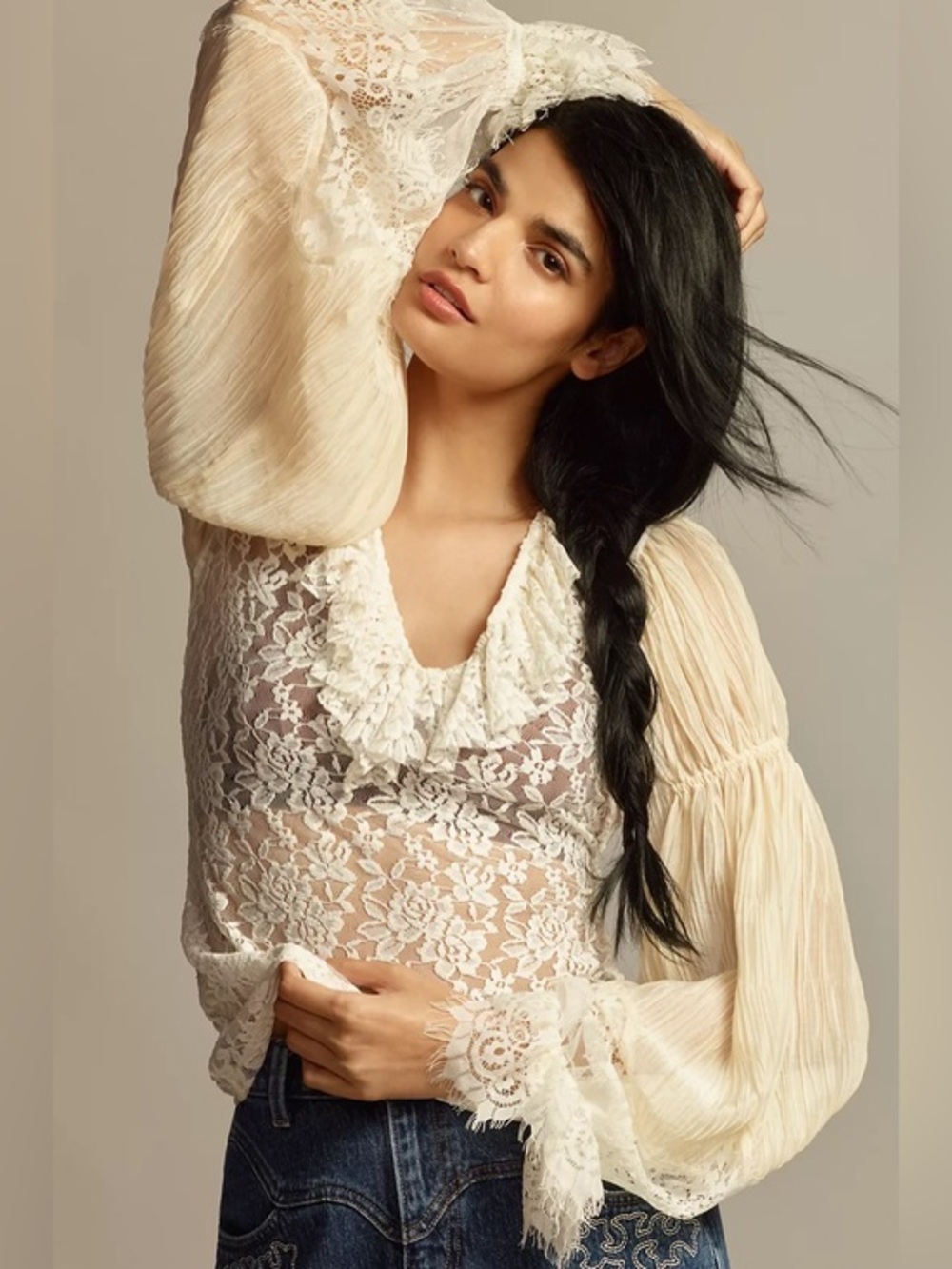 By Anthropologie Wide-Sleeve Sheer Lace Top in Ivory Size Small